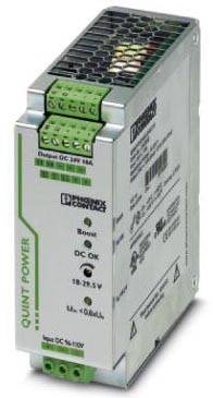 Ein Schaltnetzteil von Phoenix Contact, Modell QUINT POWER. Ausgang: DC 24V, 10A. Enthält Status-LEDs und Anschlüsse oben.