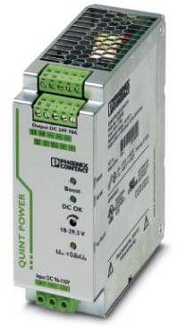 Stromversorgungseinheit mit grünen Steckverbindungen und Markenkennzeichnung. Modell: QUINT POWER Output DC 24V 15A.