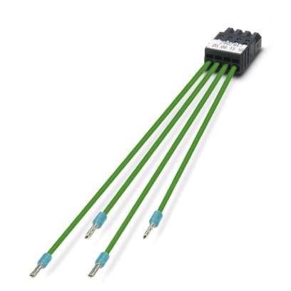 Ein vieradriger, grüner Steckverbinder mit Beschriftung auf schwarzem Kunststoff, geeignet für elektrische Verbindungen.