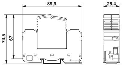 Technische Zeichnung eines Geräts mit Maßen: Breite 89,9 mm, Höhe 74,5 mm, seitliche Tiefe 25,4 mm. Vorder- und Seitenansicht.