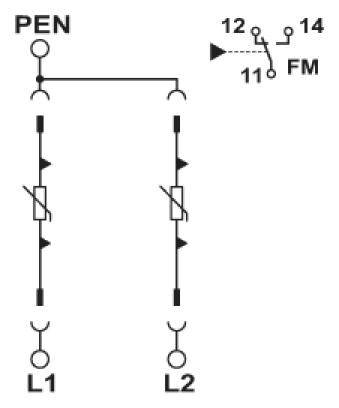 Schaltplan zeigt ein elektrisches System mit zwei Schützenlinien L1 und L2, die mit PEN verbunden sind. Ein Schalter verbindet Klemme 12 mit FM.