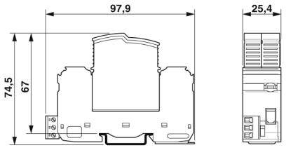 Schema einer elektrischen Komponente mit Abmessungen: Breite 97,9 mm, Höhe 74,5 mm. Seitenansicht zeigt Tiefe von 25,4 mm.