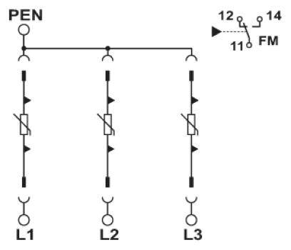 Schaltplan eines dreiphasigen Systems mit Phasen L1, L2, L3 und Neutralleiter PEN. Oben rechts ein FM-Schalter.