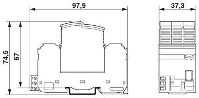 Technische Zeichnung eines Gerätes mit Maßen: Breite 97,9 mm, Höhe 74,5 mm, Tiefe 37,3 mm.
