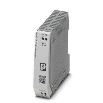 Graues, kastenförmiges Gerät zum Einbau in elektrische Systeme, beschriftet mit 'Input DC 24/15A', erkennbar an Belüftungsschlitzen.