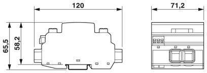 Technische Zeichnung eines elektronischen Geräts mit Abmessungen: 120 mm Breite, 71,2 mm Tiefe, 58,2 mm bis 65,5 mm Höhe.