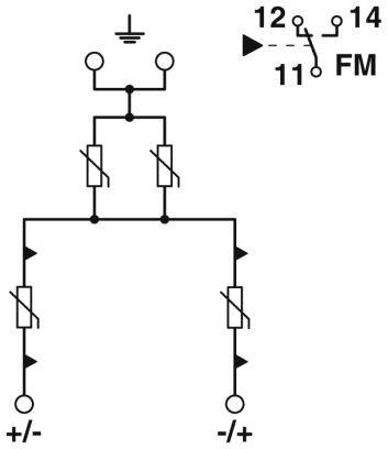 Schaltschema mit Erdungssymbol, zwei Reihen von Symbolen für Dioden oder Transistoren, mit Umschaltkontakt oben rechts markiert 'FM'.