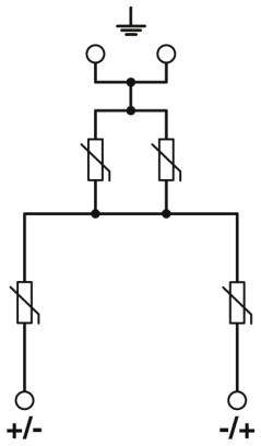 Elektrisches Schaltschema mit Erdsymbol oben, mehreren Schaltern und vier Anschlüssen, die mit '+/-' und '-/+' gekennzeichnet sind.
