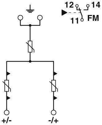 Schaltplan eines FM-Moduls, zeigt Verbindungspunkte und Schalterstellungen. Oben links Erdungssymbol, oben rechts Schalterpositionen 12, 14, 11.