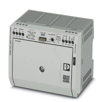 Industrie-DC-USV-Modul mit LED-Anzeigen und Anschlussklemmen, Modell: UNO DC-UPS. Anzeigeelemente für Batteriestatus und Alarm.
