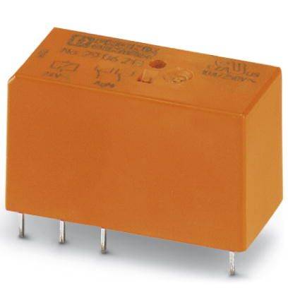 Ein rechteckiges, orangefarbenes Elektroteil mit mehreren Metallstiften an der Unterseite und Text sowie Symbolen auf der Oberseite.