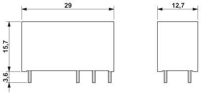 Technische Zeichnung eines rechteckigen Elektronikbauteils mit den Maßen: 29 mm Breite, 15,7 mm Höhe, 12,7 mm Tiefe, und 3,6 mm Abstand der Pins.