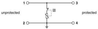 Übersichtliches Diagramm zeigt einen elektronischen Schaltkreis. Links 'unprotected' und rechts 'protected', mit Erdungssymbol.