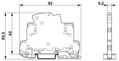 Technische Zeichnung einer Bauteilhalterung mit Maßeinheiten: Breite 92 mm, Höhe 69,5 mm und Tiefe 6,2 mm. Front- und Seitenansicht.