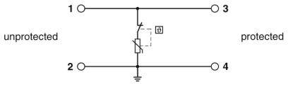 Elektrisches Schaltbild: Ein Schutzdiodensymbol zwischen den Klemmen 1 und 3 zeigt die Richtung des Schutzes von ungeschützt zu geschützt.