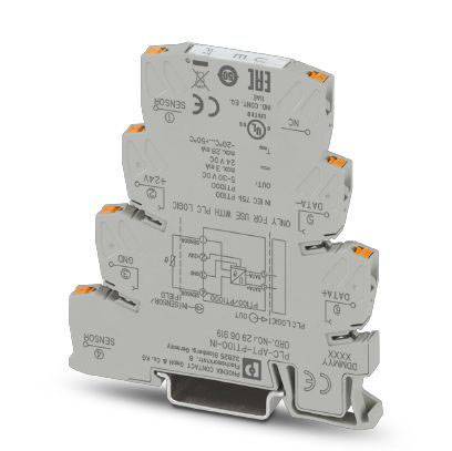 Ein graues elektronisches Modul mit Labels und Schaltplan auf der Vorderseite, gelbe und orange Steckverbindungen oben sichtbar.