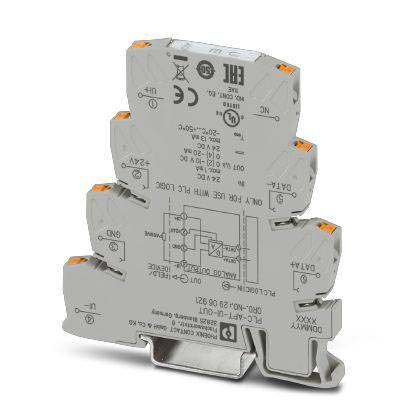Ein graues elektrisches Relaismodul mit mehreren Anschlussklemmen und Aufschriften, das auf einer DIN-Schiene montiert werden kann.