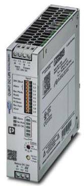 Ein graues industrielles Netzteil mit mehreren Anschlüssen und LED-Anzeigen auf der Vorderseite, wahrscheinlich für Steuerungssysteme.