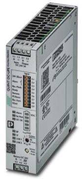 Ein Schaltnetzteil mit grauem Gehäuse und Anschlüssen, Modell 'QUINT4-SYS', spezifiziert für 24 V DC und 5 A, mit CE- und EAC-Siegeln.