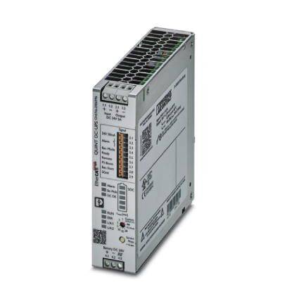 Industrienetzteil mit Schaltfunktion und digitalen Anzeigeelementen, geeignet für Hutschienenmontage in elektrischen Systemen.