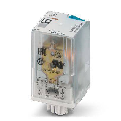 Ein transparentes Relais mit sichtbaren Schaltkontakten und technischen Symbolen. Geeignet für 10A/120V AC. EAC- und UL-zertifiziert.