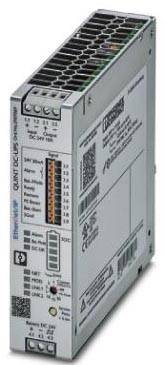 Industrienetzteil, beschriftet mit 'QUINT DC-UPS'. Zeigt Klemmen für Verbindungen, Status-LEDs und Aufkleber mit technischen Spezifikationen.