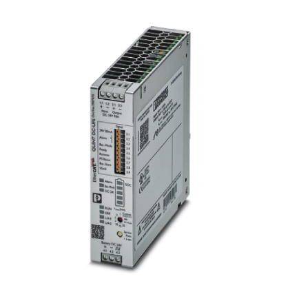 Industriegerät zur Stromversorgung mit verschiedenen Anschlüssen und LED-Anzeigen, aufrecht stehend, mit technischem Aufdruck.