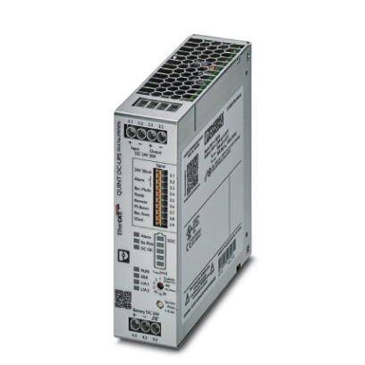 Industrie-Stromversorgungseinheit mit verschiedenen Anschlüssen und LED-Anzeigen. Herstellername und technische Details sind sichtbar.