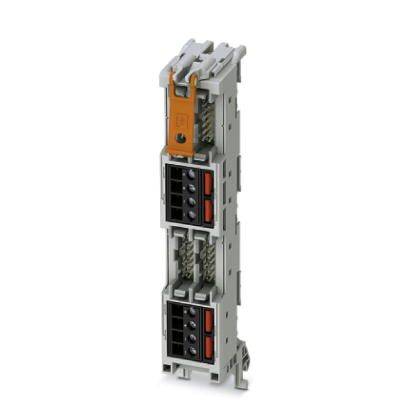 Klemme mit mehreren Anschlüssen und orangefarbenem Hebel, geeignet für elektrische Verbindungen in industriellen Anwendungen.