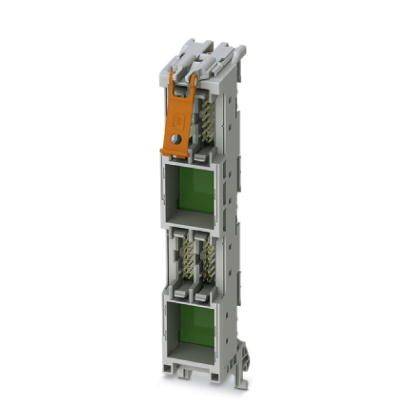 Graues modulares Bauteil mit zwei übereinander liegenden Steckplätzen und orangener Verriegelung. Verwendet für elektrische Anschlüsse.