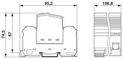 Technische Zeichnung eines elektrischen Geräts mit Maßen: Breite 95,2 mm, Höhe 74,5 mm, Tiefe 106,8 mm. Vorder- und Seitenansicht.