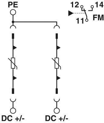 Schaltschema einer elektrischen Verbindung mit Erdung (PE) und DC-Anschlüssen; Schalter mit Positionen 11, 12, 14 vermerkt.