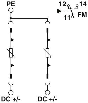 Elektrischer Verdrahtungsplan mit Erdsymbol oben links, zwei parallel geschaltete Dioden in der Mitte und drei Anschlussklemmen.
