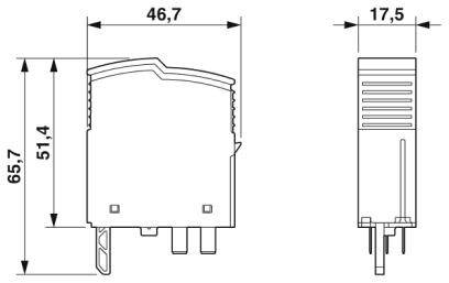Technische Zeichnung eines elektronischen Moduls mit Maßen: Höhe 65,7 mm, Breite 46,7 mm, Tiefe 17,5 mm.