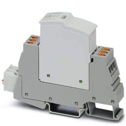 Ein elektrisches Relaismodul zur Hutschienenmontage, grau-weißes Gehäuse, mit orangefarbenen Anschlussklemmen sichtbar.