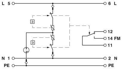 Schaltplan eines elektromechanischen Relais mit Spule, Kontakten und Verbindungen zu Anschlüssen L, N, PE, und den Kontakten 11, 12, 14 FM.