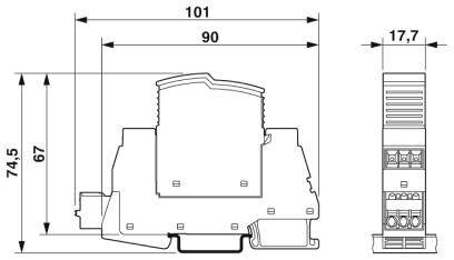 Technische Zeichnung eines elektrischen Geräts mit Maßen: Breite 101 mm, Höhe 74,5 mm, Tiefe 17,7 mm. Vorder- und Seitenansicht.