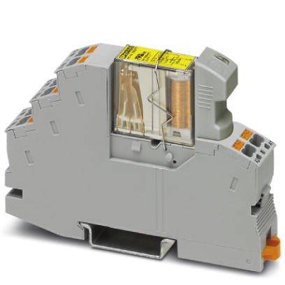 Ein graues Relaismodul mit durchsichtigen Abdeckungen und metallischen Komponenten, geeignet für industrielle Steuerungssysteme.