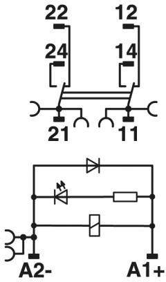 Schaltplan: Oben, Doppelschalter mit Kontakten 11, 12, 21, 22, 14, 24. Unten, Elektrische Schaltung mit Dioden und Widerstand.