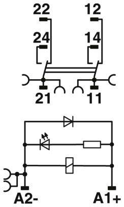 Diagramm eines elektrischen Relais: Oben Anschlüsse 22, 24, 12, 14; unten A2-, A1+. Dioden und Widerstand zwischengeschaltet.