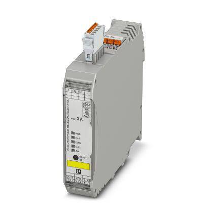 Ein graues elektrisches Steuergerät mit Anschlüssen oben, Beschriftungen vorne, geeignet für industrielle Anwendungen.