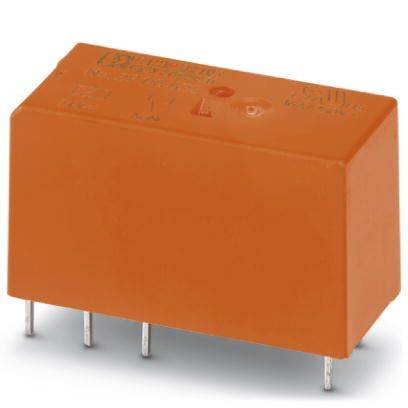Ein orangefarbenes, rechteckiges elektronisches Bauteil mit mehreren Metallpins an der Unterseite. Es scheint ein Relais zu sein.
