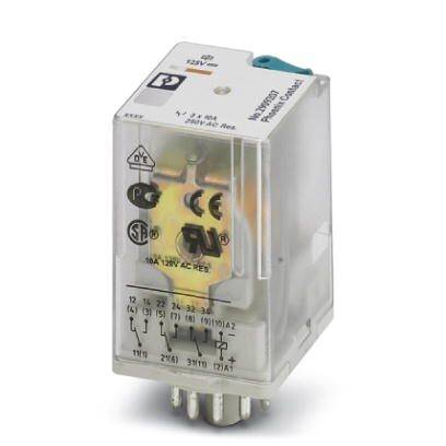 Industrie-Relais mit transparentem Gehäuse zeigt technische Symbole und elektrische Spezifikationen, geeignet für 250V AC.