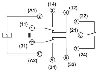 Schaltplan eines Elektromagnetischen Relais mit den Kontakten (11), (14) und (21). Zeigt Anschlüsse und Schaltzustand.