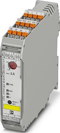 Ein graues elektrisches Relais mit Befestigungsschiene, mehreren Anschlüssen und leuchtenden Anzeigen, verwendet zur Steuerung in Schaltschränken.