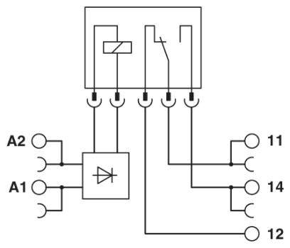 Schaltplan eines Relais mit Spuleneingängen (A1, A2), Diode, sowie Kontakten 11, 12 und 14. Veranschaulicht Schaltungsverbindungen.