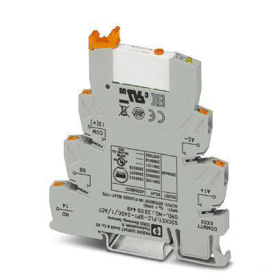 Ein graues elektronisches Bauteil mit orangefarbenen Elementen und mehreren Anschlüssen. Markierungen und Symbole sind sichtbar.