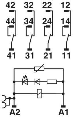 Schaltplan mit fünf Schaltern (42, 32, 22, 12, 44) und Anschlüssen (41, 31, 21, 11, A2, A1). Zeigt elektrische Verbindungen und Bauelemente.