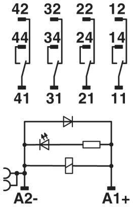 Schaltplan eines Relais mit Spulenanschlüssen A1+ und A2- und vier Schaltkontakten gekennzeichnet von 11 bis 44. Inklusive Dioden und LED-Element.