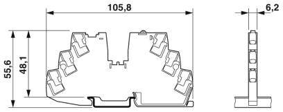 Technische Zeichnung einer elektrischen Anschlussklemme mit Maßen: Breite 105,8 mm, Höhe 55,6 mm, Tiefe 6,2 mm.
